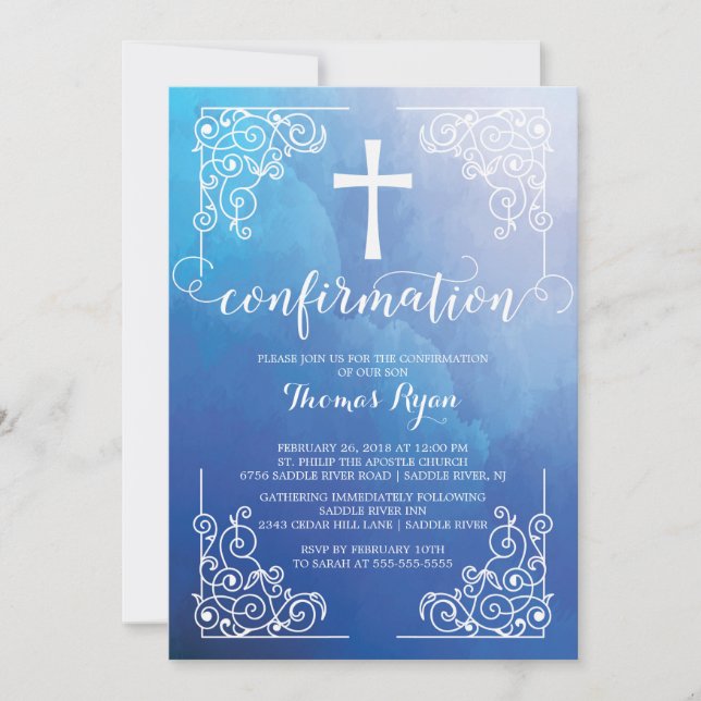 Blue Watercolor Cross Confirmation Invitation (Front)