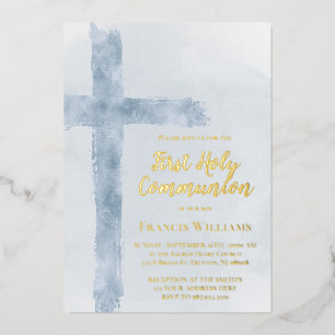 blue watercolor cross First Holy Communion Foil Invitation