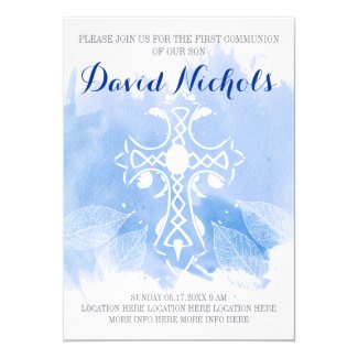 Blue watercolor cross leaves First Holy Communion Invitation