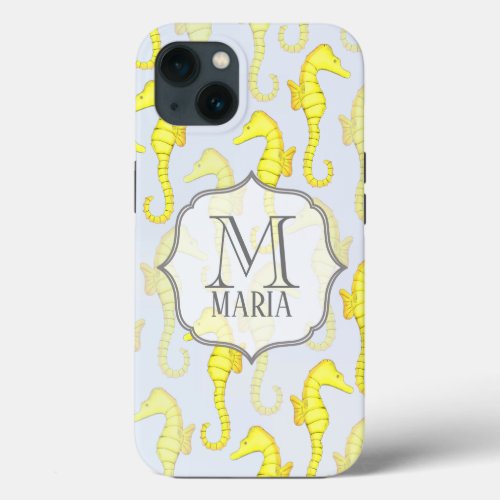 Blue Watercolor Custom Monogram Nautical Seahorses iPhone 13 Case