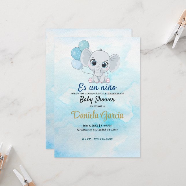 Blue Watercolor Cute Baby Shower Invitation (Front/Back In Situ)