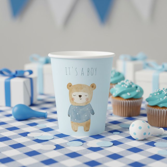 Blue Watercolor cute bear it's a boy Paper Cups (Blue Watercolor cute bear it's a boy Paper Cups.)