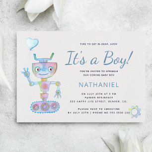 Blue watercolor cute robot it's a boy baby shower invitation