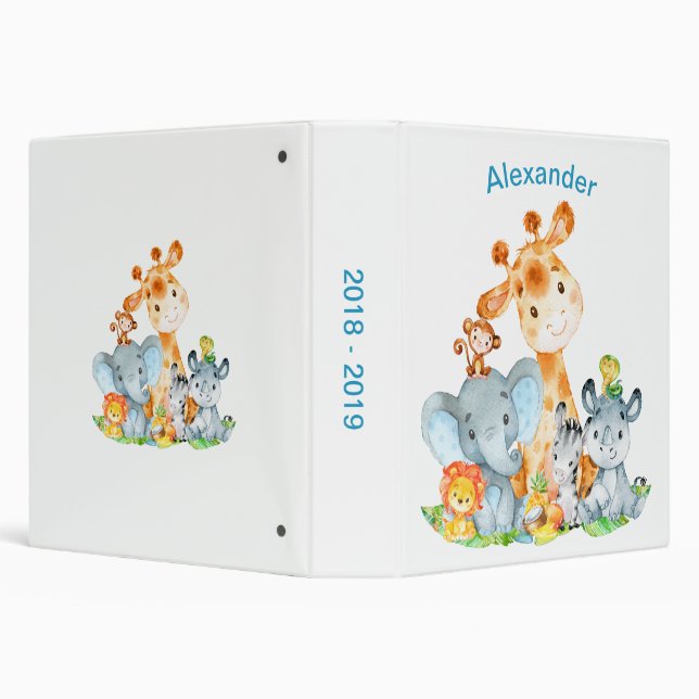 Blue Watercolor Cute Safari Jungle Animals 3 Ring Binder (Background)