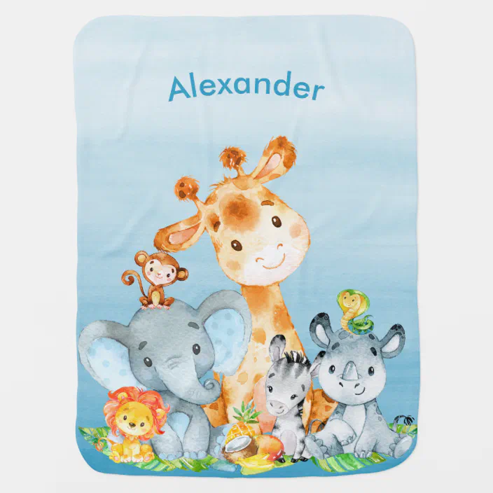 Blue Watercolor Cute Safari Jungle Animals Baby Blanket Zazzle Com