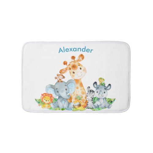 Blue Watercolor Cute Safari Jungle Animals Bath Mat