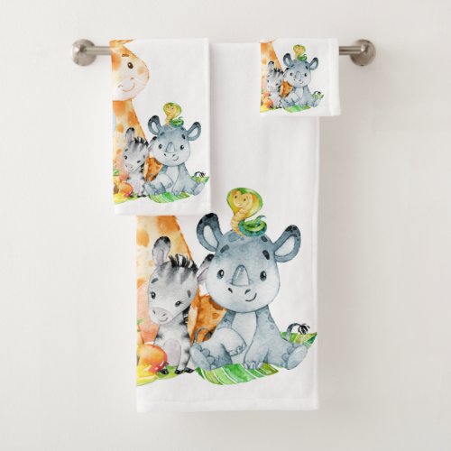 Blue Watercolor Cute Safari Jungle Animals Bath Towel Set