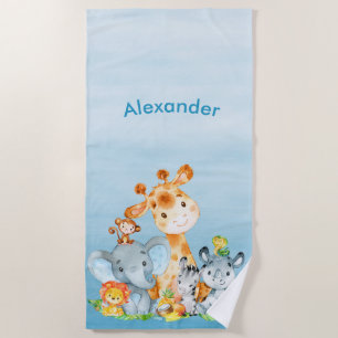 Blue Watercolor Cute Safari Jungle Animals Beach Towel