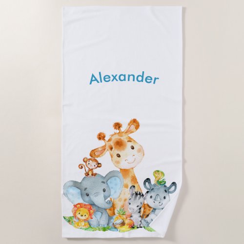 Blue Watercolor Cute Safari Jungle Animals Beach Towel