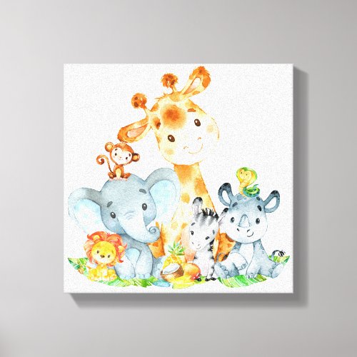 Blue Watercolor Cute Safari Jungle Animals Canvas Print