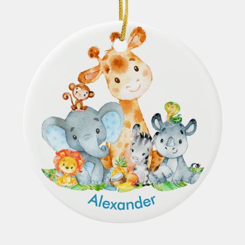 Blue Watercolor Cute Safari Jungle Animals Ceramic Ornament