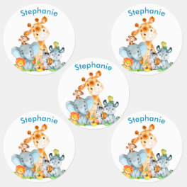 Blue Watercolor Cute Safari Jungle Animals Kids' Labels