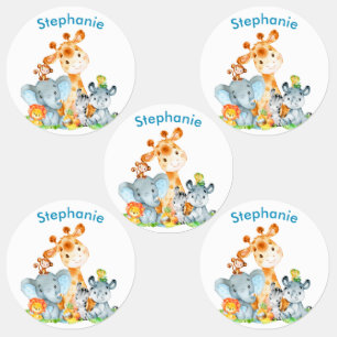 Blue Watercolor Cute Safari Jungle Animals Kids' Labels