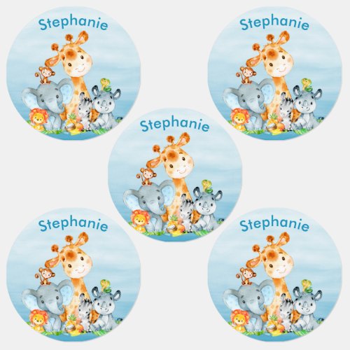 Blue Watercolor Cute Safari Jungle Animals Kids Labels