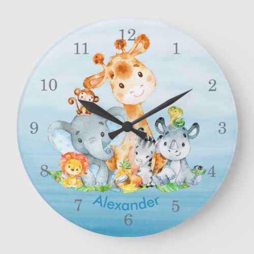 Blue Watercolor Cute Safari Jungle Animals Large Clock