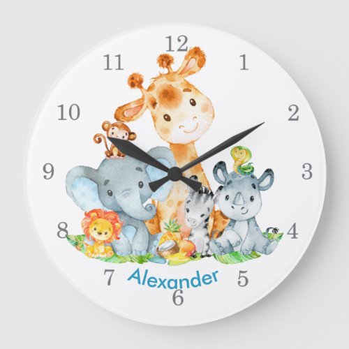 Blue Watercolor Cute Safari Jungle Animals Large Clock