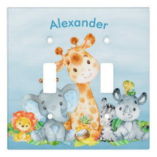 Blue Watercolor Cute Safari Jungle Animals Light Switch Cover