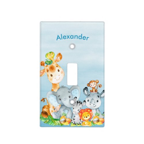 Blue Watercolor Cute Safari Jungle Animals Light Switch Cover