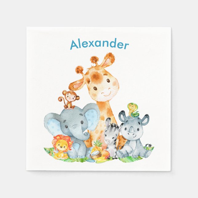 Blue Watercolor Cute Safari Jungle Animals Napkins (Front)