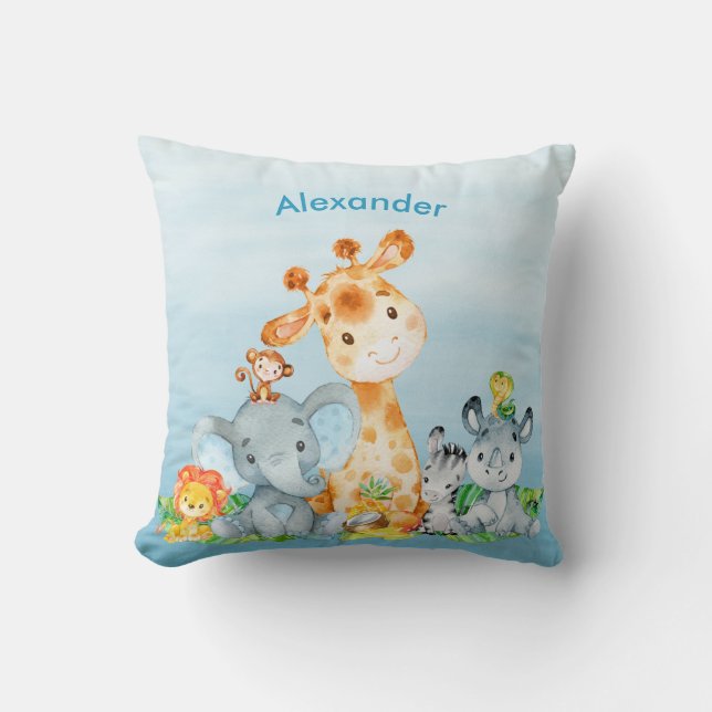 Blue Watercolor Cute Safari Jungle Animals Throw Pillow (Front)