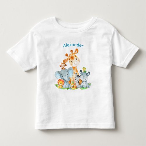 Blue Watercolor Cute Safari Jungle Animals Toddler T_shirt