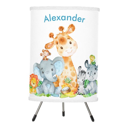 Blue Watercolor Cute Safari Jungle Animals Tripod Lamp (Front)