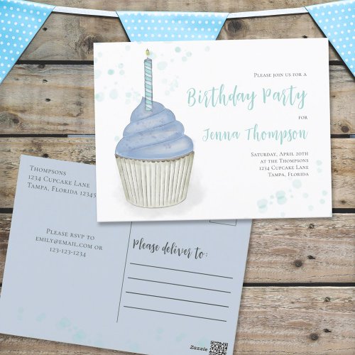 Blue Watercolor Cute Whimsical Cupcake Birthday  Postcard