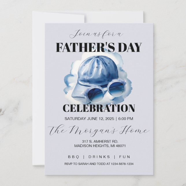 Blue Watercolor Dad's Hat and Sunglasses   Invitation (Front)