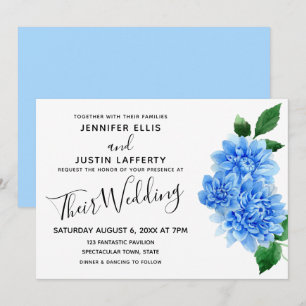 Blue Watercolor Dahlia Flowers Modern Wedding Invitation