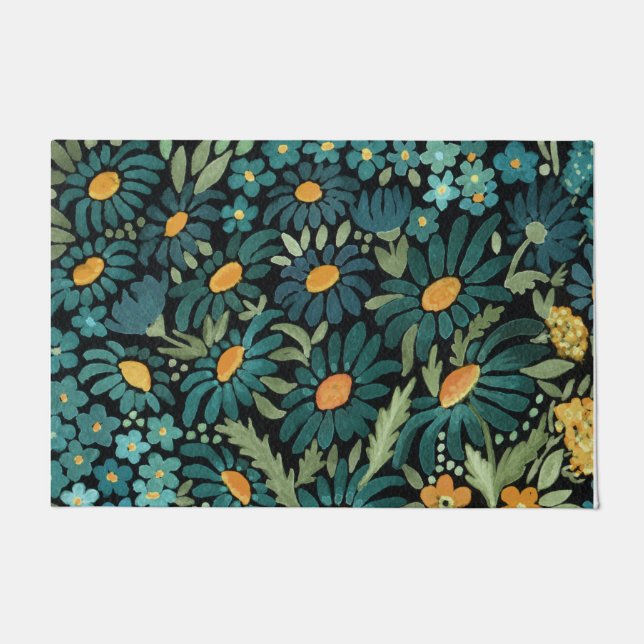 Blue watercolor daisies doormat (Front)
