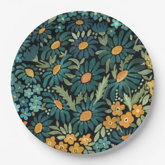 Blue watercolor daisies paper plates (Front)
