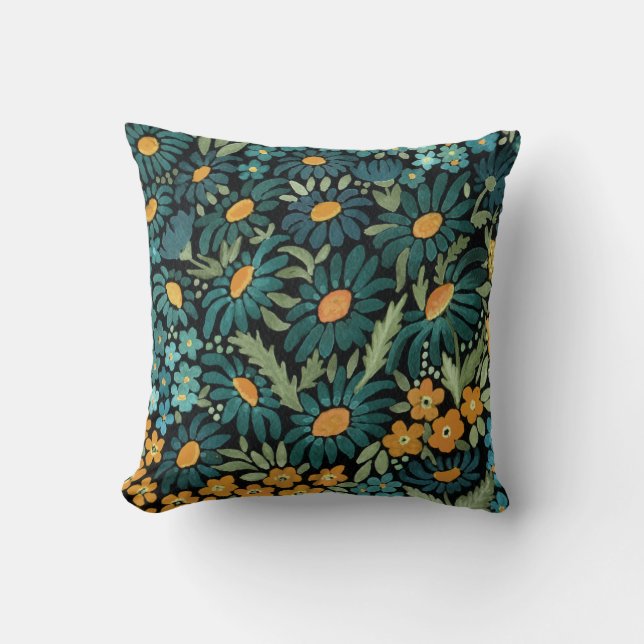 Blue watercolor daisies throw pillow (Front)