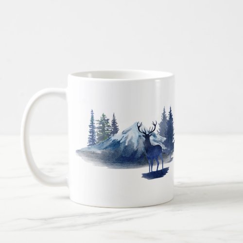 Blue Watercolor Deer Christmas Scene Coffee Mug