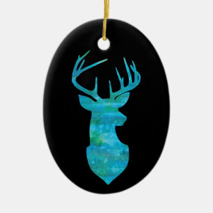 Blue Watercolor Deer Silhouette Ceramic Ornament