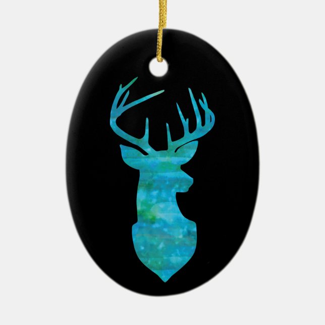 Blue Watercolor Deer Silhouette Ceramic Ornament (Front)