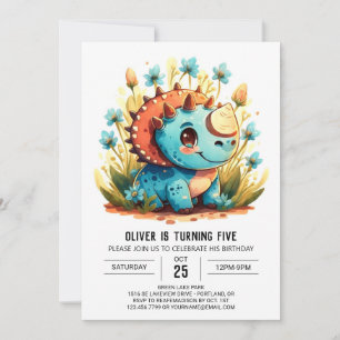 Blue Watercolor Dinosaur Boy Birthday Invitation