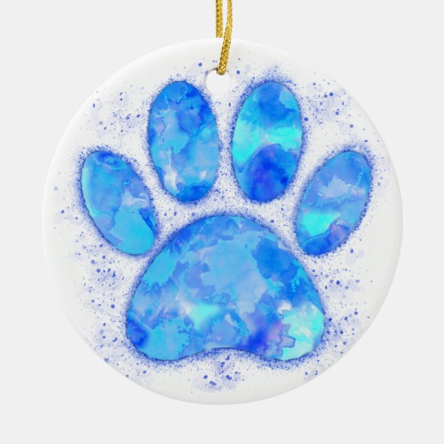 Blue Watercolor Dog Paw Print Ceramic Ornament (Front)