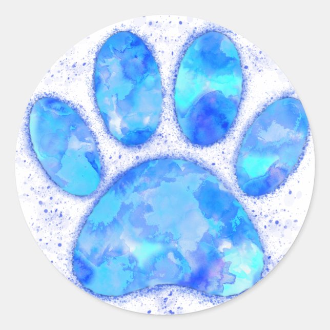Blue Watercolor Dog Paw Print Classic Round Sticker (Front)