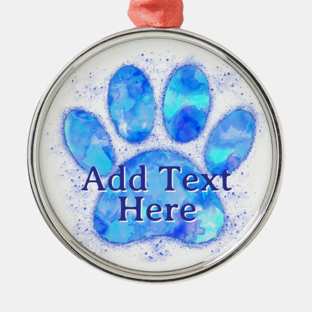 Blue Watercolor Dog Paw Print Custom  Metal Ornament (Front)