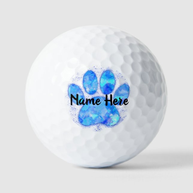 Blue Watercolor Dog Paw Print Custom Name Golf Balls (Front)