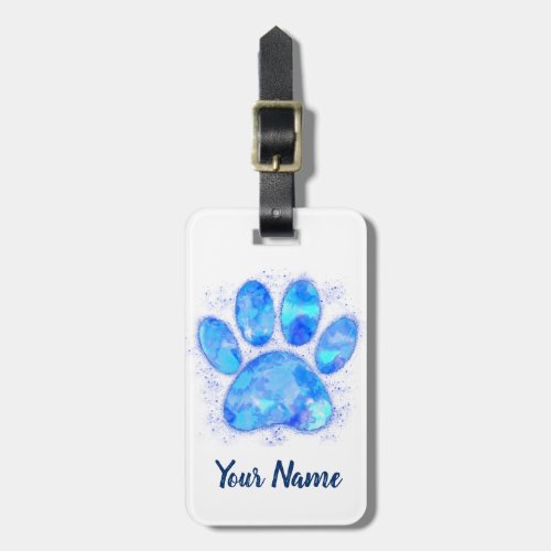 Blue Watercolor Dog Paw Print Custom Name Luggage Tag