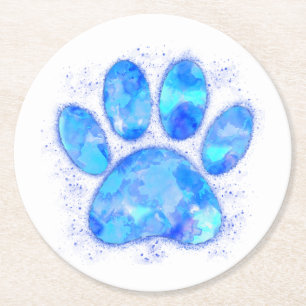 Blue Watercolor Dog Paw Print Round Paper Coaster