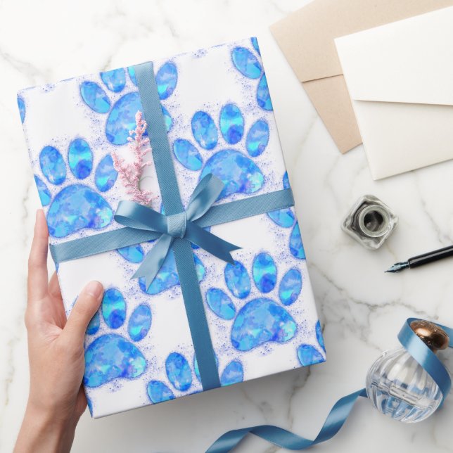Blue Watercolor Dog Paw Print Wrapping Paper (Gifting)