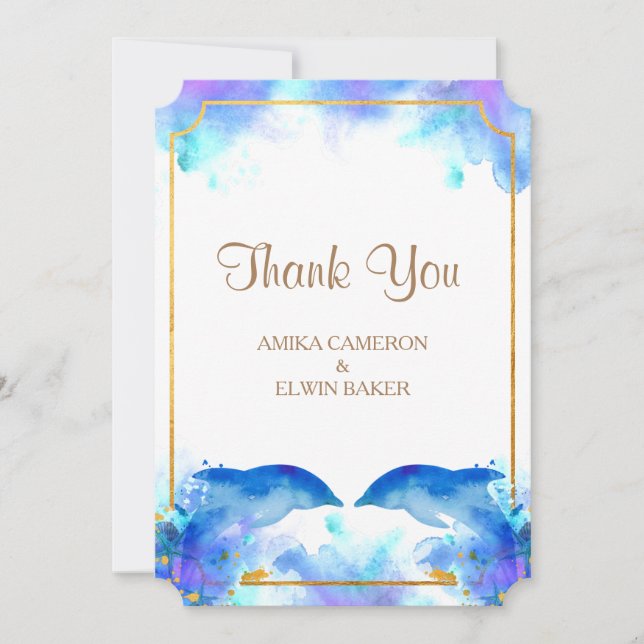 Blue Watercolor Dolphin Thank You Card (Front)