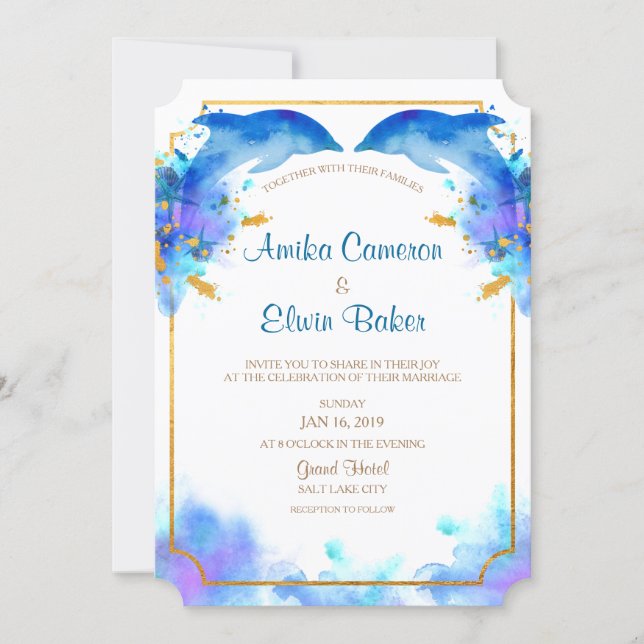 Blue Watercolor Dolphin Wedding Invitation Card (Front)