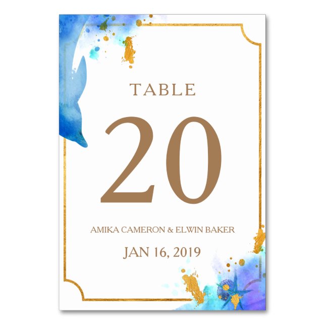 Blue Watercolor Dolphin Wedding Table Card (Front)