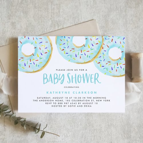 Blue Watercolor Donuts Sprinkles Boy Baby Shower Invitation