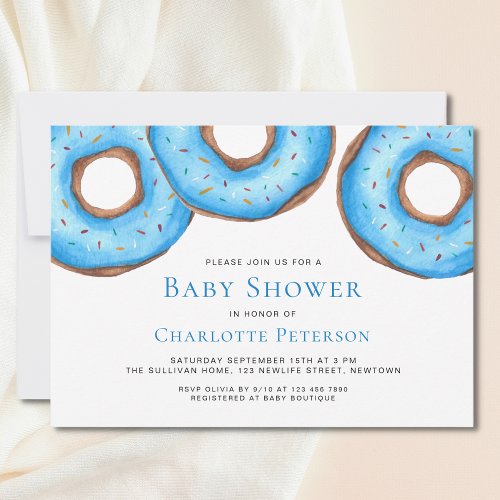 Blue Watercolor Donuts Sprinkles Boys Baby Shower Invitation