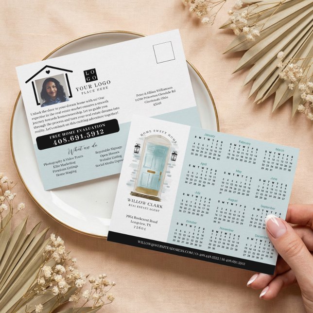 Blue Watercolor Door Real Estate Calendar 2026 Postcard (Blue Watercolor Door Real Estate Calendar 2026 Postcard)