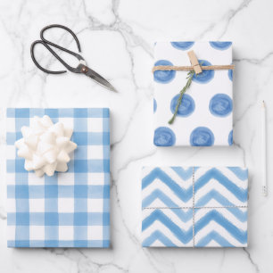Blue Watercolor Dots Gingham Wrapping Paper